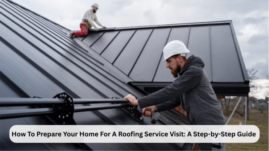 image Roofers working on a metal roof installation, showcasing home preparation for a roofing service visit. | Sky Rye Design Roofers working on a metal roof installation, showcasing home preparation for a roofing service visit.