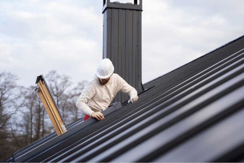 Construction worker on metal roof, wearing a hard hat and jacket, focused on maintenance near a roof window.