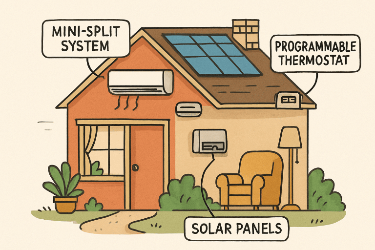 Illustration of a house with solar panels, mini-split system, and programmable thermostat for energy efficiency.