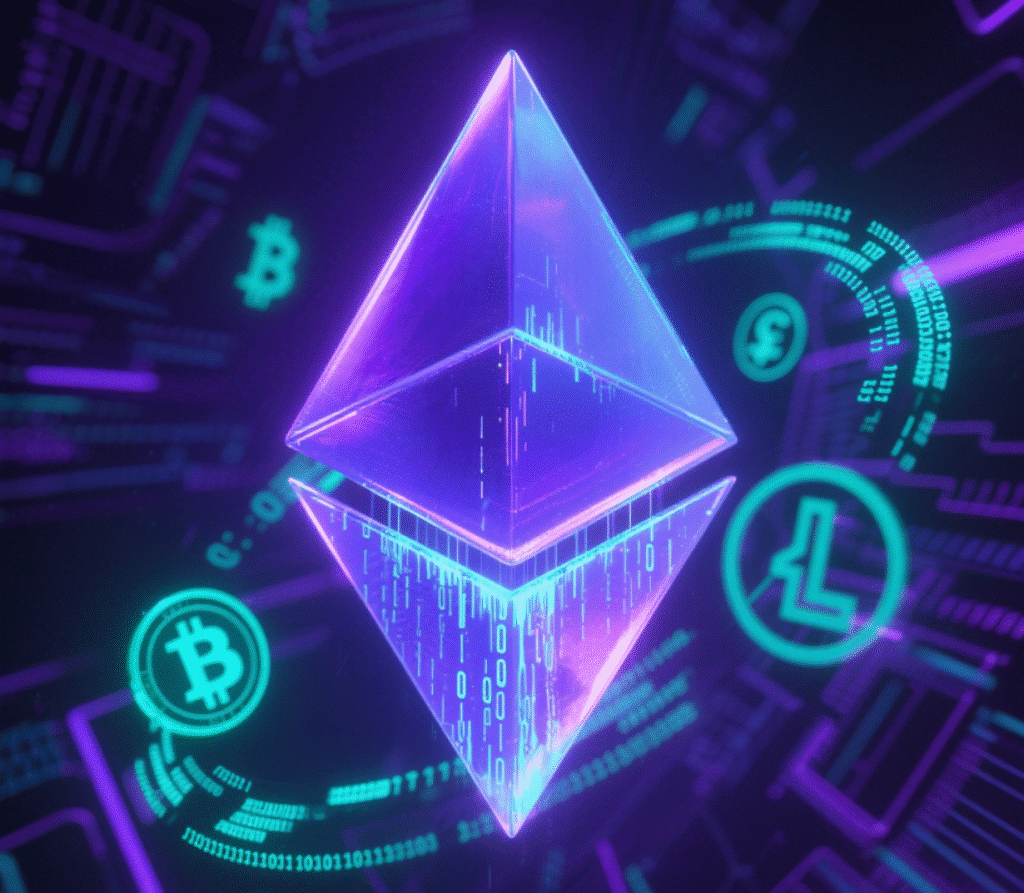 image Futuristic Ethereum symbol with digital currency icons for Bitcoin, Litecoin, and Pound, illustrating blockchain technology. | Sky Rye Design Futuristic Ethereum symbol with digital currency icons for Bitcoin, Litecoin, and Pound, illustrating blockchain technology.