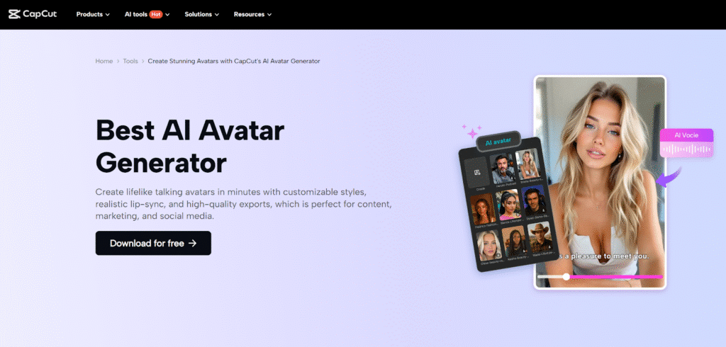 CapCut AI Avatar Generator homepage showcasing lifelike avatars with customizable styles for content creation.