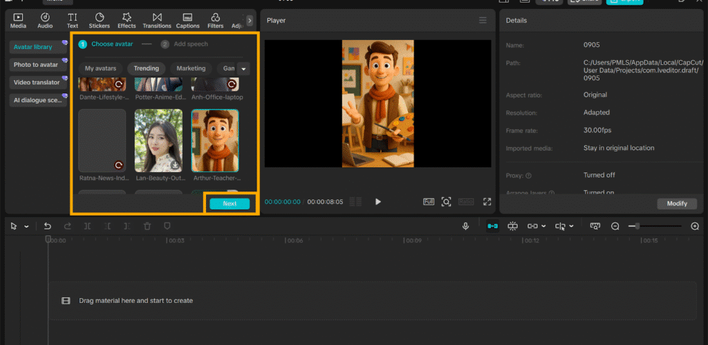 Video editing interface showing avatar selection and settings.