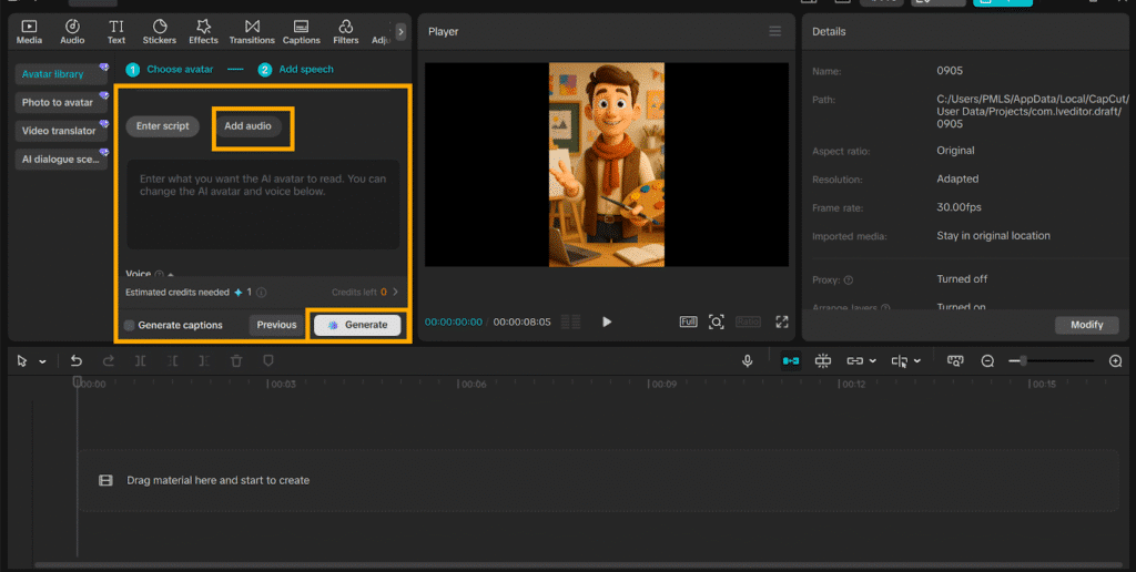 Video editing software interface with animated character holding a palette, showcasing options for avatars and audio.