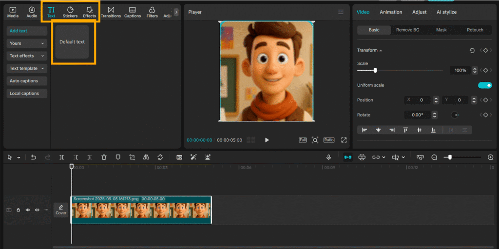 Video editing software interface with animated character thumbnail displayed for editing options overview.