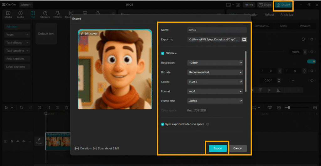 Exporting video using CapCut software, settings include 1080p resolution and MP4 format with a colorful animated cover.
