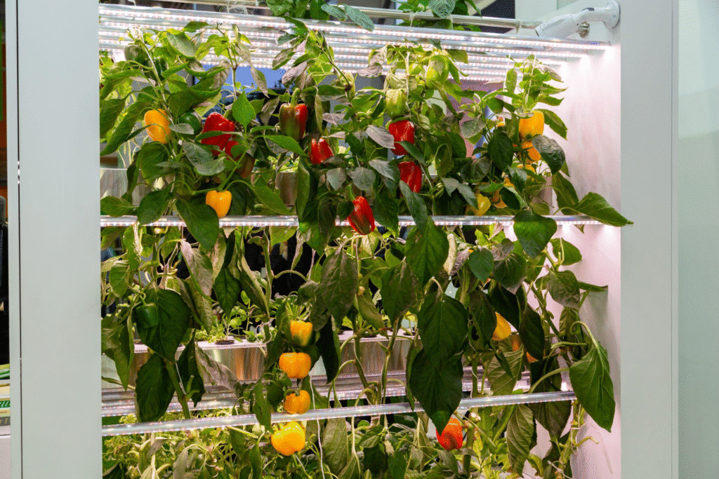 Indoor hydroponic garden with ripe red and yellow bell peppers growing under LED lights.