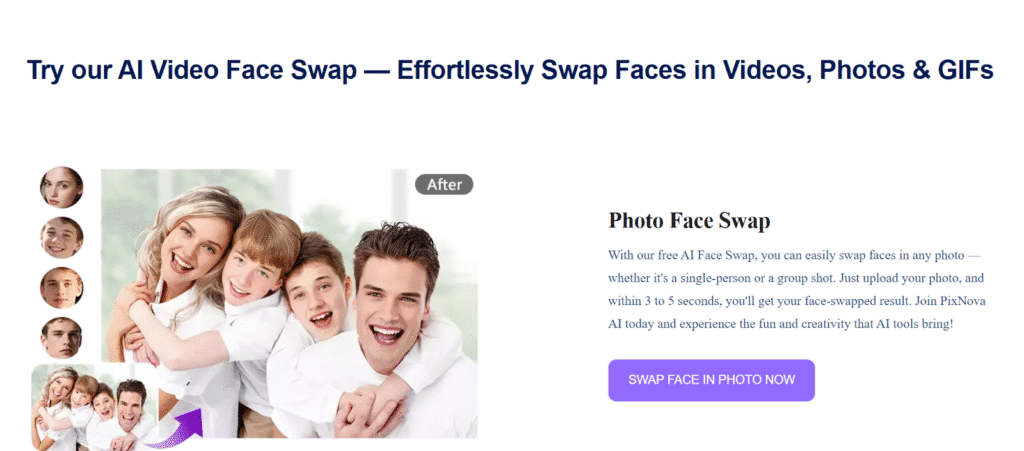 Family photo edited with AI face swap technology, showing different faces effortlessly exchanged.