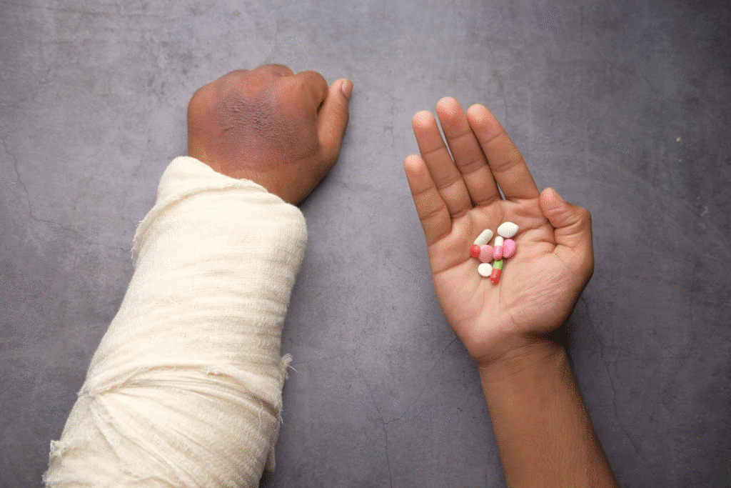 Injured arm in a cast with hand holding colorful pills on a gray background. Health and recovery concept.
