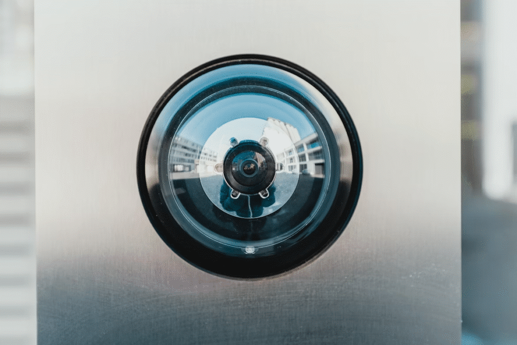 Close-up of a modern door peephole with reflections of buildings and a figure, emphasizing security and design elements.