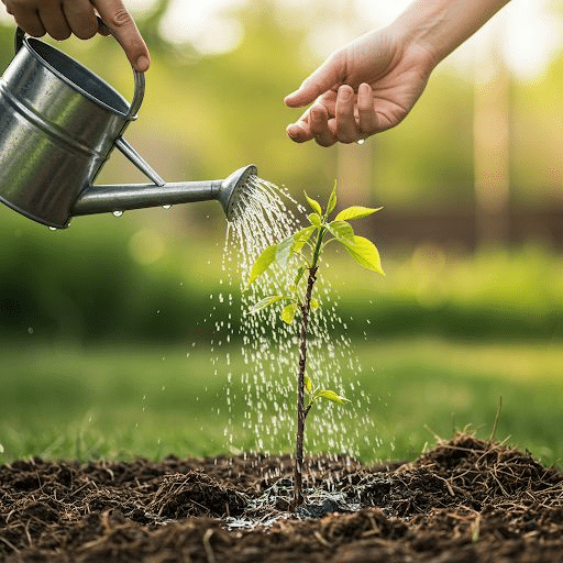 Hand watering a young plant with a metal can in a garden, promoting sustainable gardening practices.