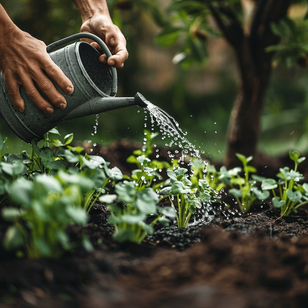 Hands watering young plants in a garden with a metal watering can, promoting sustainable gardening practices.