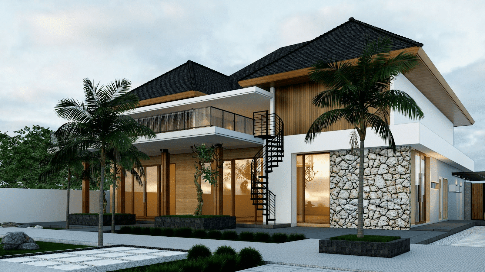 image Modern two-story house with unique spiral staircase, large windows, and palm trees in the front yard. | Sky Rye Design Modern two-story house with unique spiral staircase, large windows, and palm trees in the front yard.