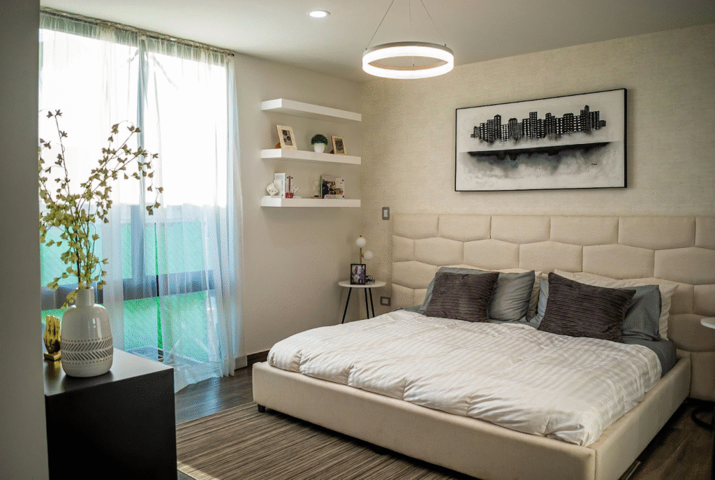 Modern bedroom with a beige bed, abstract wall art, floating shelves, and large window with sheer curtains.
