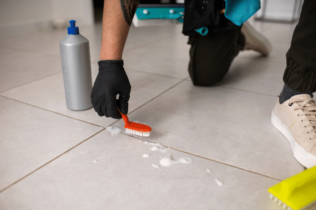 Person cleaning tile grout with brush and detergent, wearing black gloves.