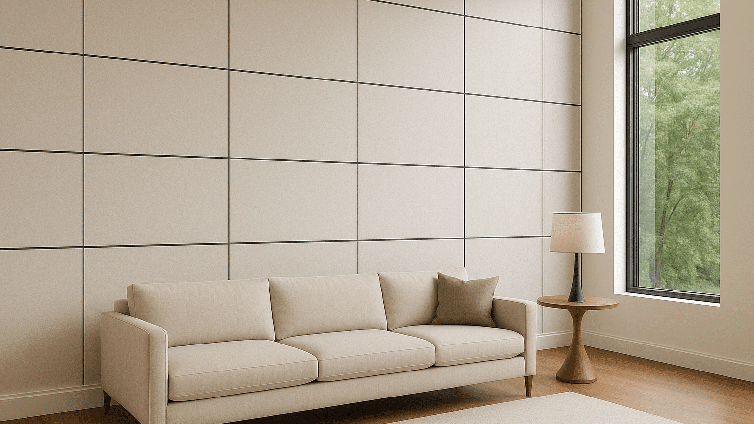 image Minimalist beige living room with modern sofa, side table, and window. | Sky Rye Design Minimalist beige living room with modern sofa, side table, and window.