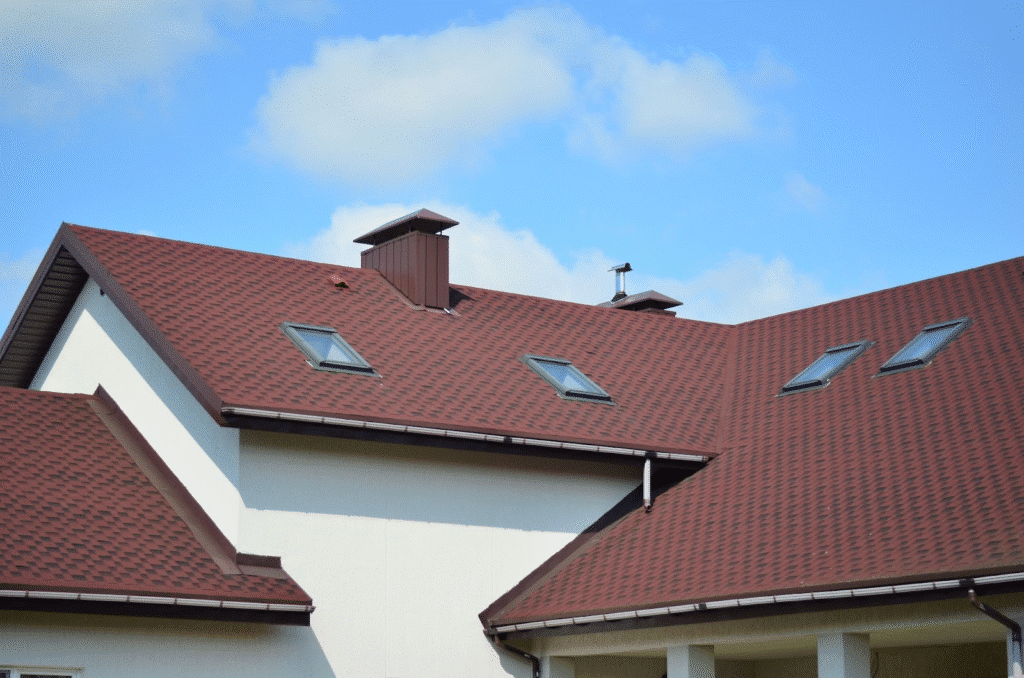 image Modern house with brown shingle roof, skylights, and chimney against a blue sky. | Sky Rye Design Modern house with brown shingle roof, skylights, and chimney against a blue sky.