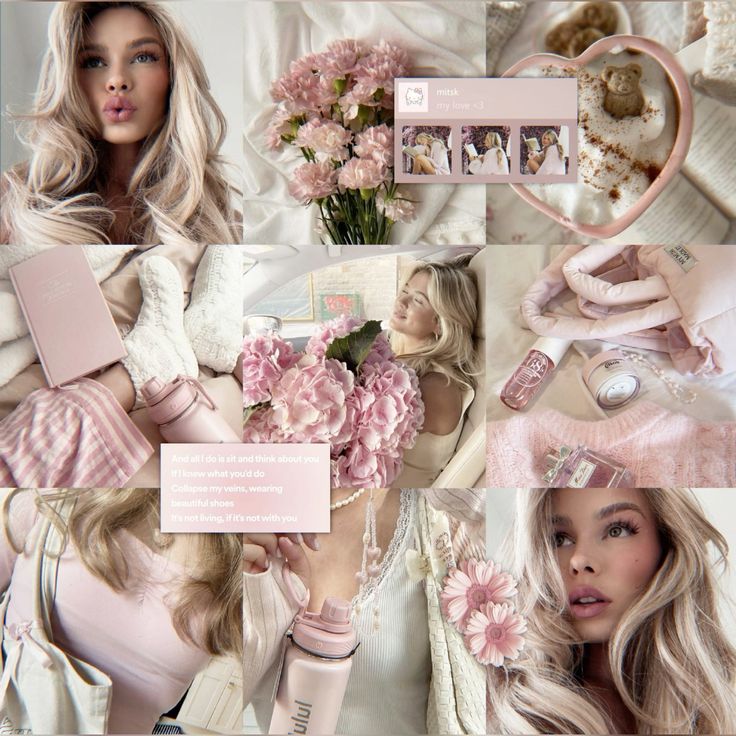 Aesthetic collage with pink flowers, cozy knitwear, coffee, and a woman enjoying serene moments.