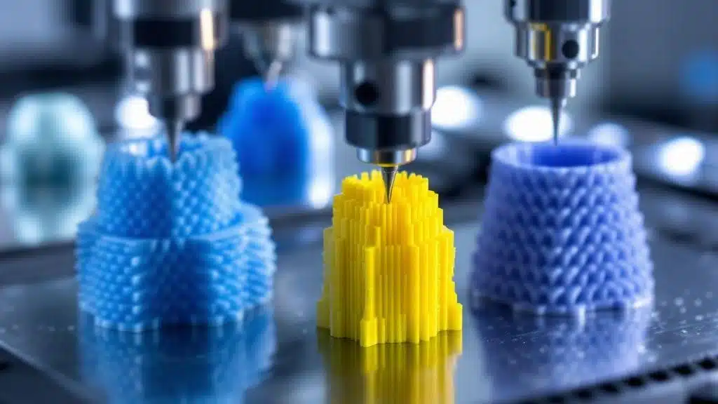 3D printers creating colorful, detailed structures with precision technology in blue and yellow materials.