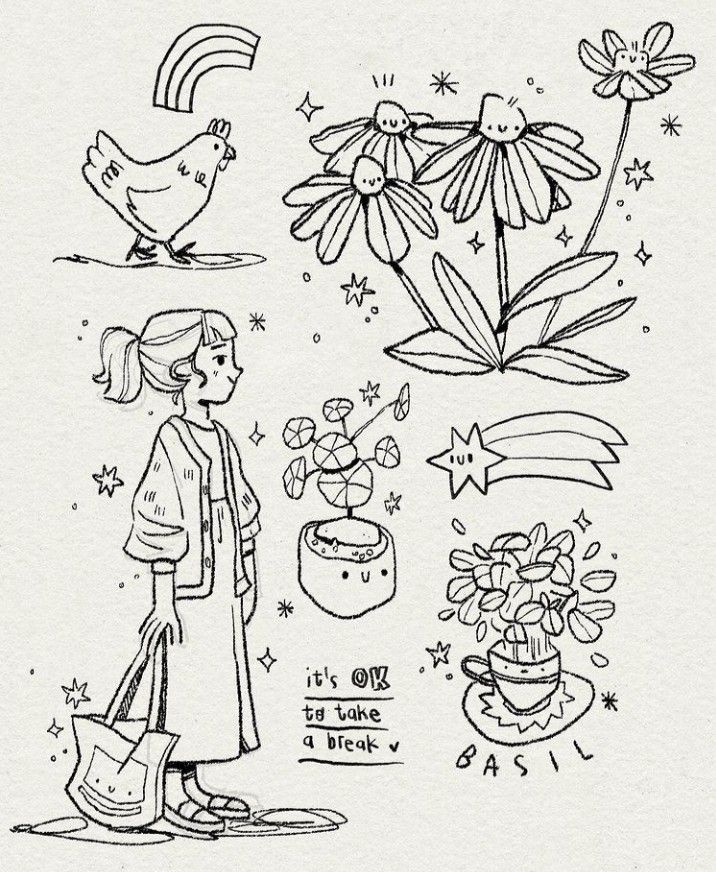 inst_ sarafaber_ Whimsical doodles of flowers, a chicken, a woman with a tote, and motivational text about taking a break. | Sky Rye Design Whimsical doodles of flowers, a chicken, a woman with a tote, and motivational text about taking a break.