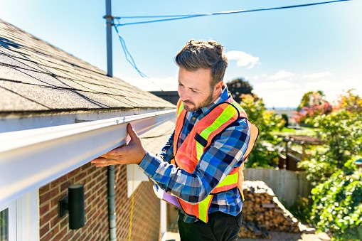 Man inspecting house gutters for maintenance on a sunny day, wearing a safety vest.