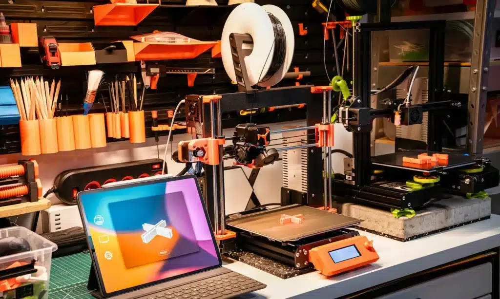 jakub-zerdzicki-MtO8S9yazeU-unsplash-e1721666997770-1 3D printer and tablet on a workshop desk with various tools, creating orange model parts. | Sky Rye Design 3D printer and tablet on a workshop desk with various tools, creating orange model parts.