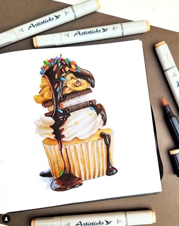 Illustration of a cupcake with chocolate drizzle, colorful sprinkles, Oreo, and cream, surrounded by Artsticks markers.
