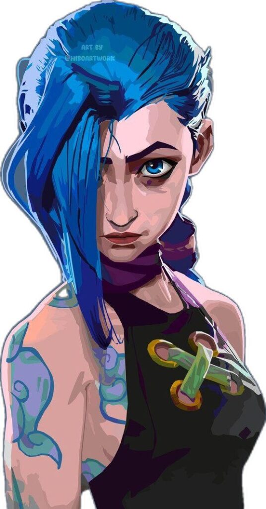 jinx arcane art by hiboart hiboartwork Illustrated character with blue hair, tattoos, and a black top, conveying a bold and edgy style. | Sky Rye Design Illustrated character with blue hair, tattoos, and a black top, conveying a bold and edgy style.