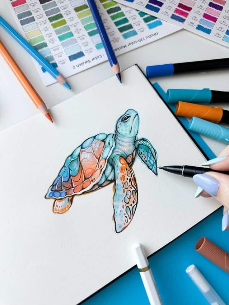 Colorful sea turtle illustration with markers, pencils, and color swatches on a desk for creative inspiration.