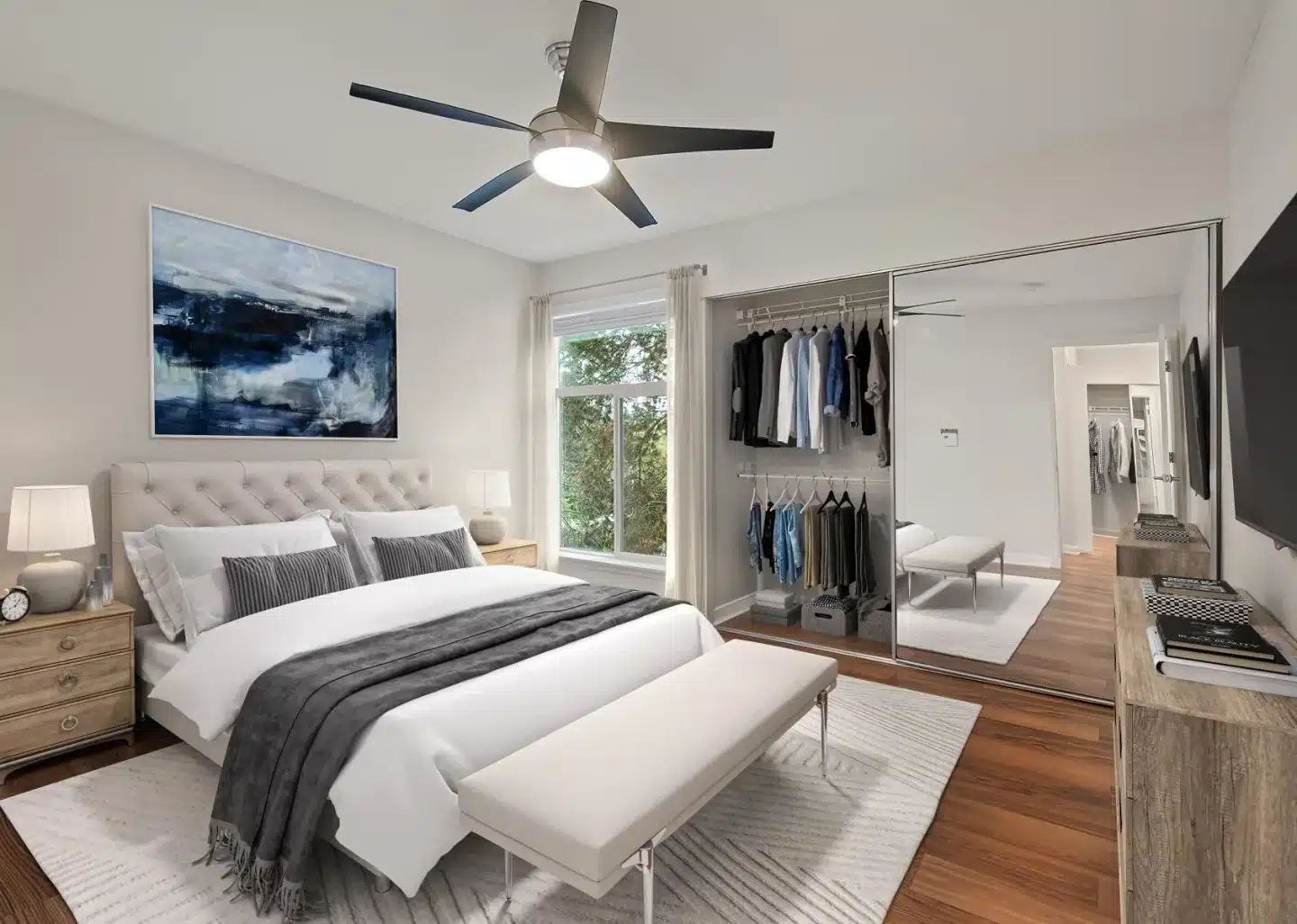 lakeview vs partial bedroom Elegant modern bedroom with cozy bed, stylish decor, mirrored closet, and ceiling fan. | Sky Rye Design Elegant modern bedroom with cozy bed, stylish decor, mirrored closet, and ceiling fan.