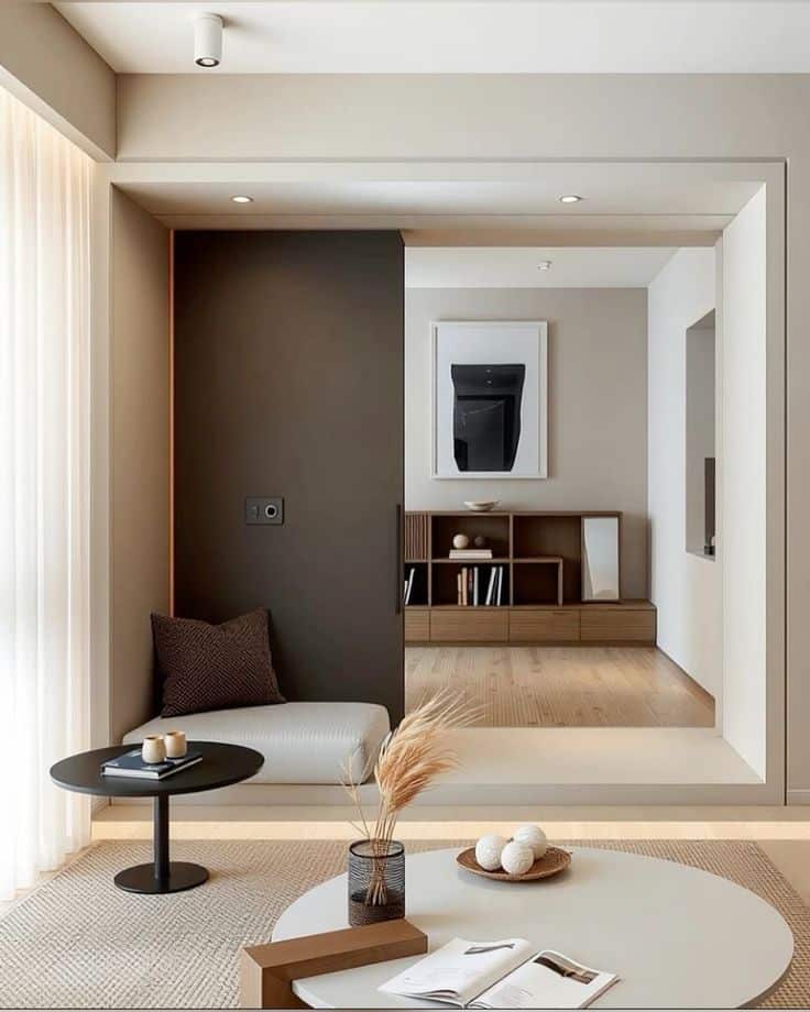 Modern minimalist living room with neutral tones, round tables, cozy seating, and wooden shelves for stylish decor.