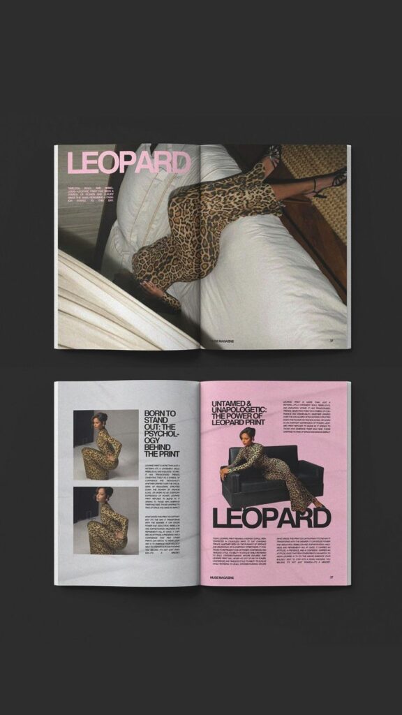 Magazine spread showcasing fashion focused on leopard print style and its bold, unapologetic aesthetic.