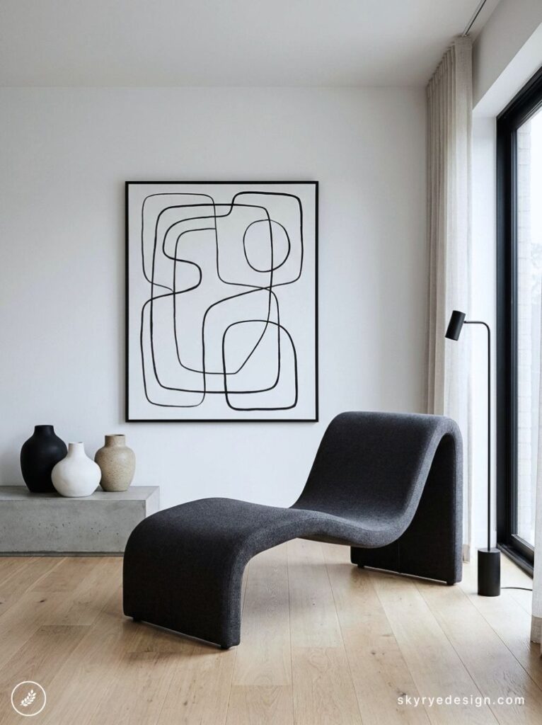 Minimalist living room with black sculptural chaise, abstract line art, floor lamp and ceramic vases on hardwood
