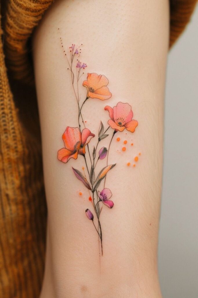 Elegant arm tattoo featuring pink and orange flowers with delicate details on a neutral background.