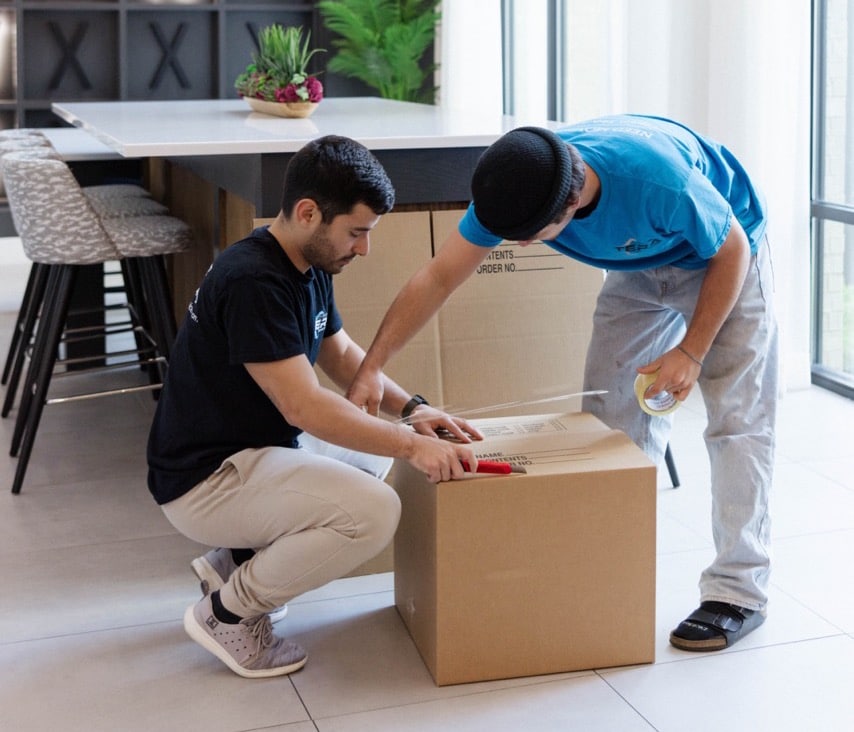 local Two men sealing a cardboard box in a modern room, preparing for a move with packing materials. | Sky Rye Design Two men sealing a cardboard box in a modern room, preparing for a move with packing materials.