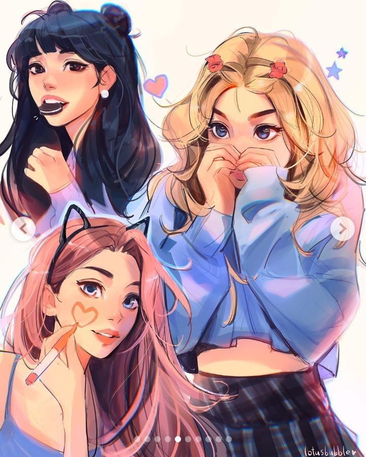 lotusbubble Three stylish anime girls with vibrant hairstyles and colorful outfits, expressing playful and cheerful emotions. | Sky Rye Design Three stylish anime girls with vibrant hairstyles and colorful outfits, expressing playful and cheerful emotions.