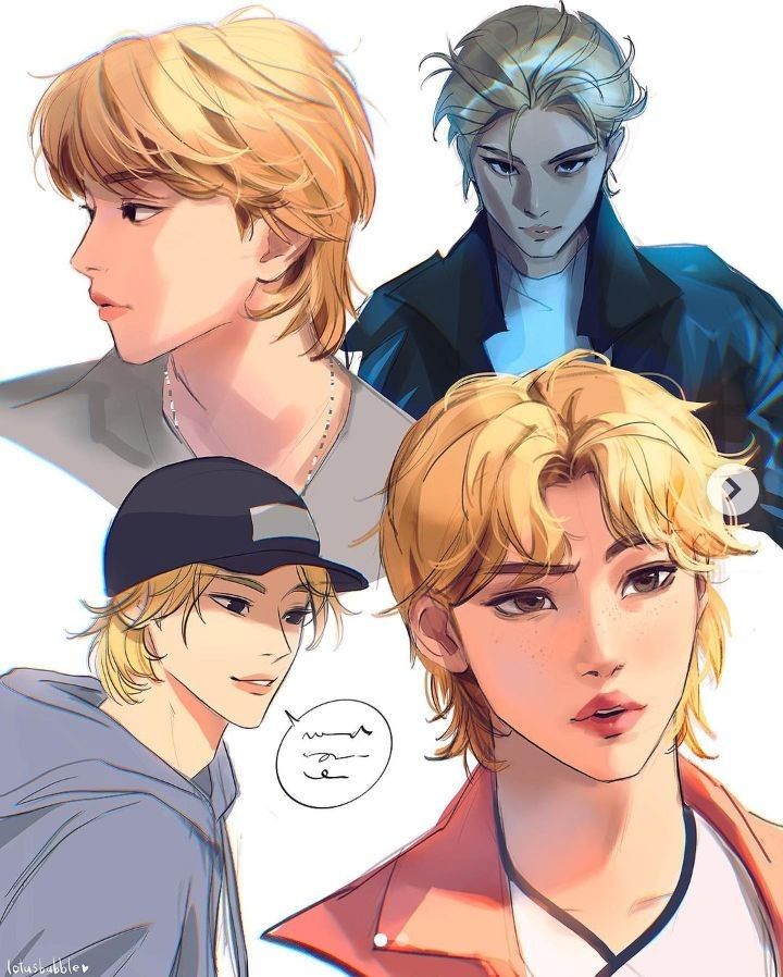 Anime-style illustrations of four blonde characters with diverse expressions and hairstyles.