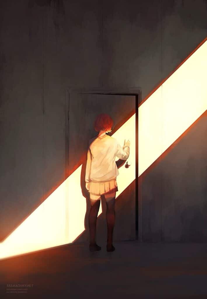 Person in white shirt enters a glowing doorway, casting a dramatic shadow on the wall.