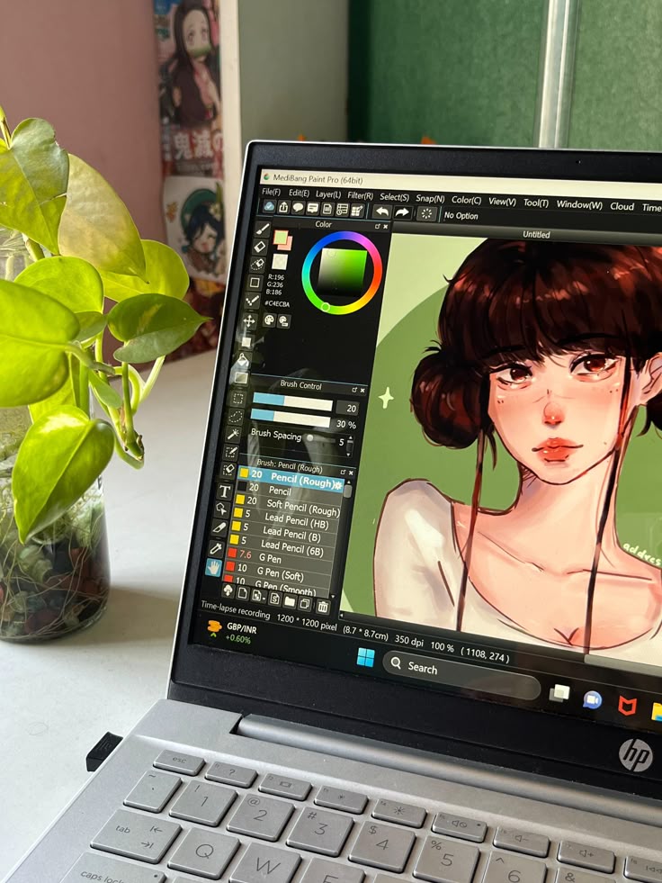 love this drawing _3 Digital artwork on a laptop screen beside a green plant, showcasing an illustration software workspace. | Sky Rye Design Digital artwork on a laptop screen beside a green plant, showcasing an illustration software workspace.