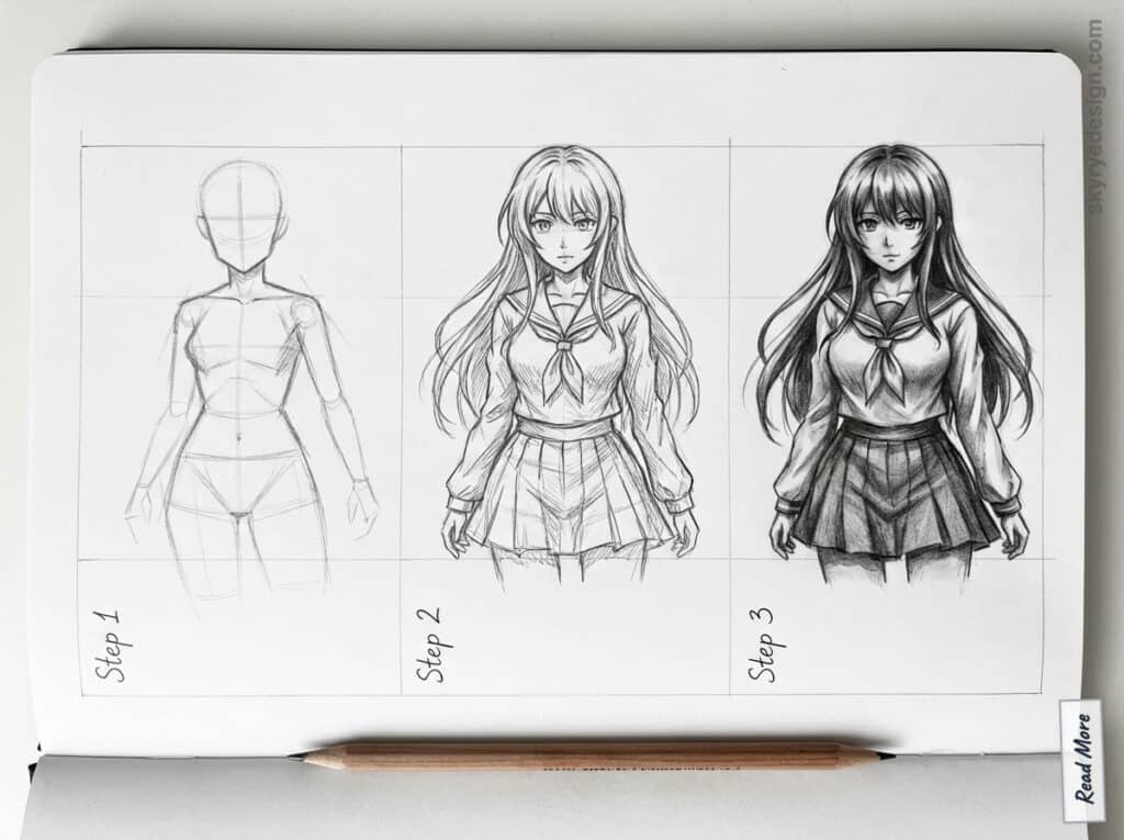 manga-art Sketchbook page showing three-step process of drawing an anime girl, from basic outline to detailed shading. | Sky Rye Design Sketchbook page showing three-step process of drawing an anime girl, from basic outline to detailed shading.