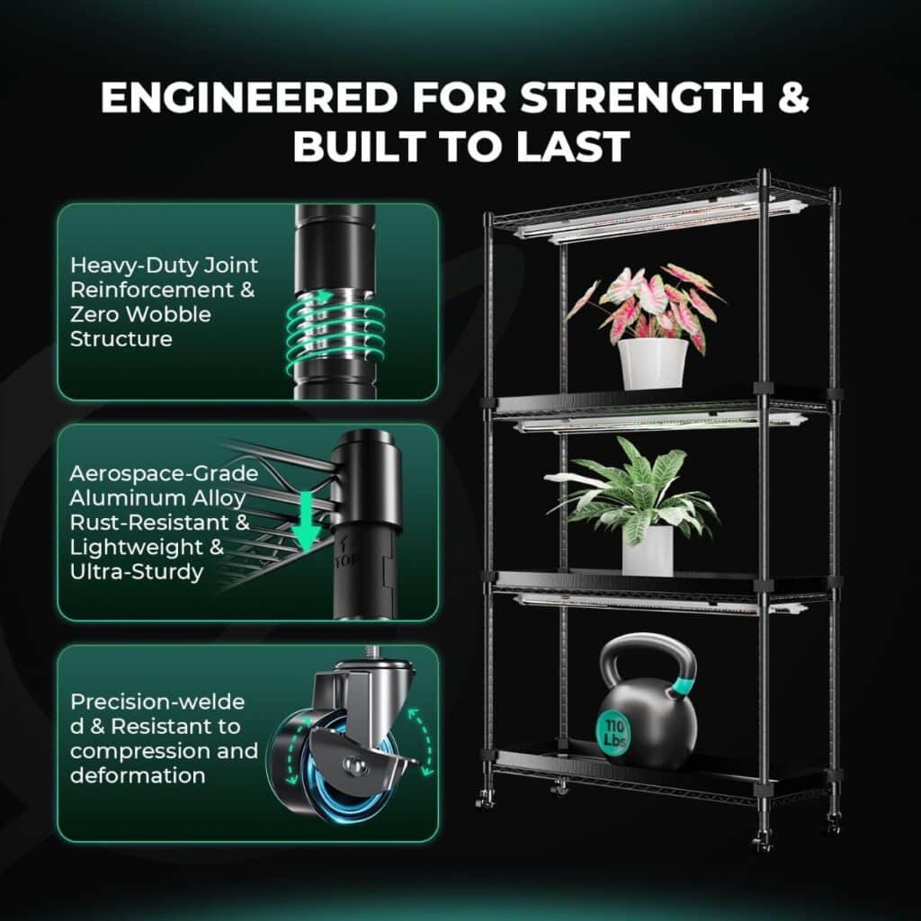 Sturdy black shelving unit with plants and kettlebell, featuring heavy-duty joints and aerospace-grade aluminum.