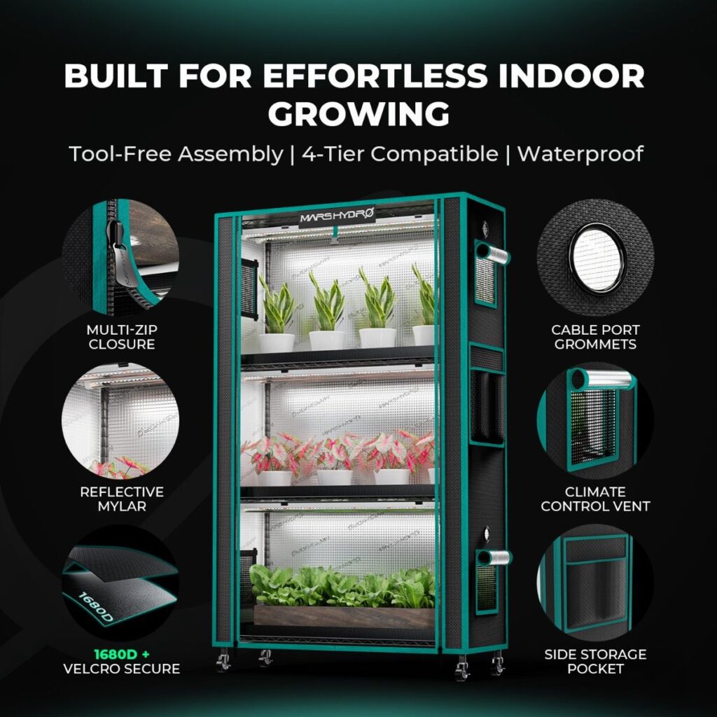 Indoor grow tent with tool-free assembly, reflective mylar, multi-zip closure, and climate control vent.