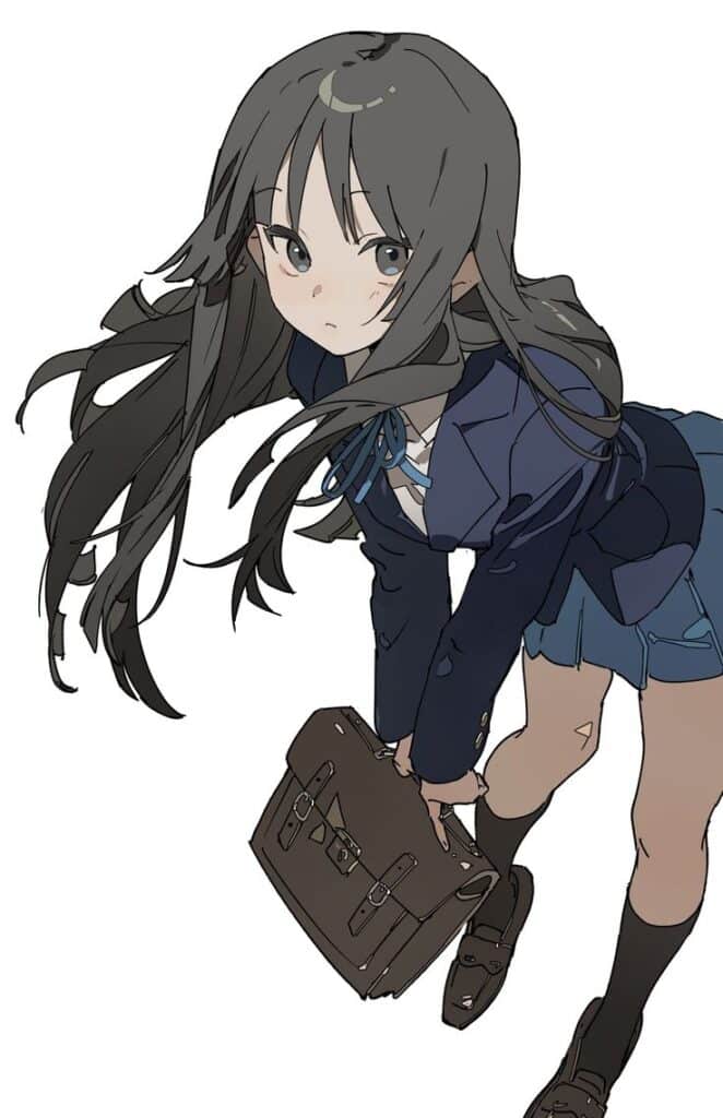 Anime girl holding a bag, wearing a school uniform with long flowing hair, looking up.