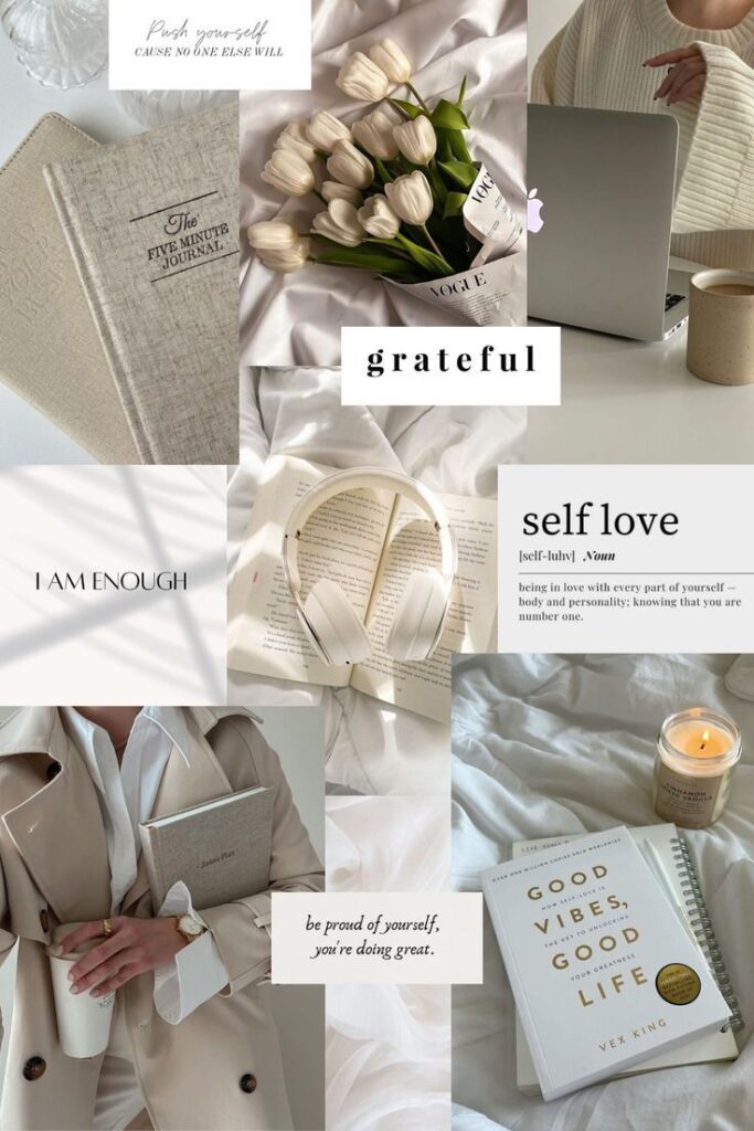Collage of self-love themes: tulips, journal, quotes, and a candle promoting positivity and mindfulness.