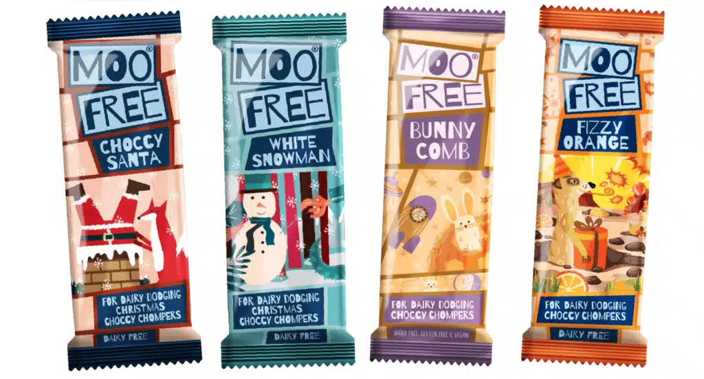 moo-free-flow-wrap Moo Free festive chocolate bars: Choccy Santa, White Snowman, Bunny Comb, Fizzy Orange. Dairy-free holiday treats. | Sky Rye Design Moo Free festive chocolate bars: Choccy Santa, White Snowman, Bunny Comb, Fizzy Orange. Dairy-free holiday treats.