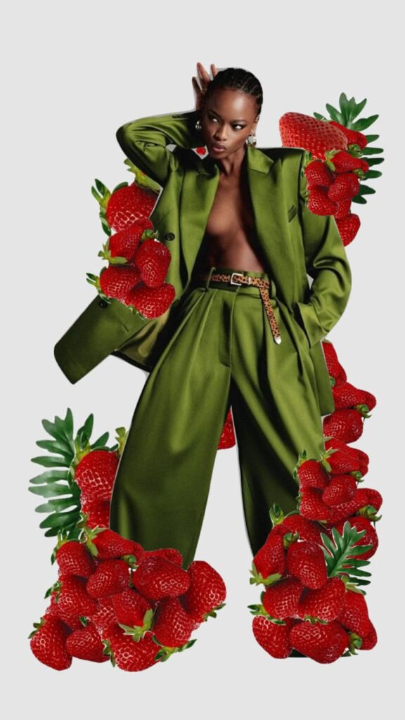 moodboard collage art strawberries fashion aesthetic red Fashion-forward model in green suit surrounded by strawberries, striking a bold pose on a gray background. | Sky Rye Design Fashion-forward model in green suit surrounded by strawberries, striking a bold pose on a gray background.