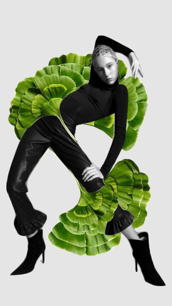moodboard mood art collage aesthetic leaf plant fashion person Fashion model in black outfit with green leaf accents, posing creatively. | Sky Rye Design Fashion model in black outfit with green leaf accents, posing creatively.