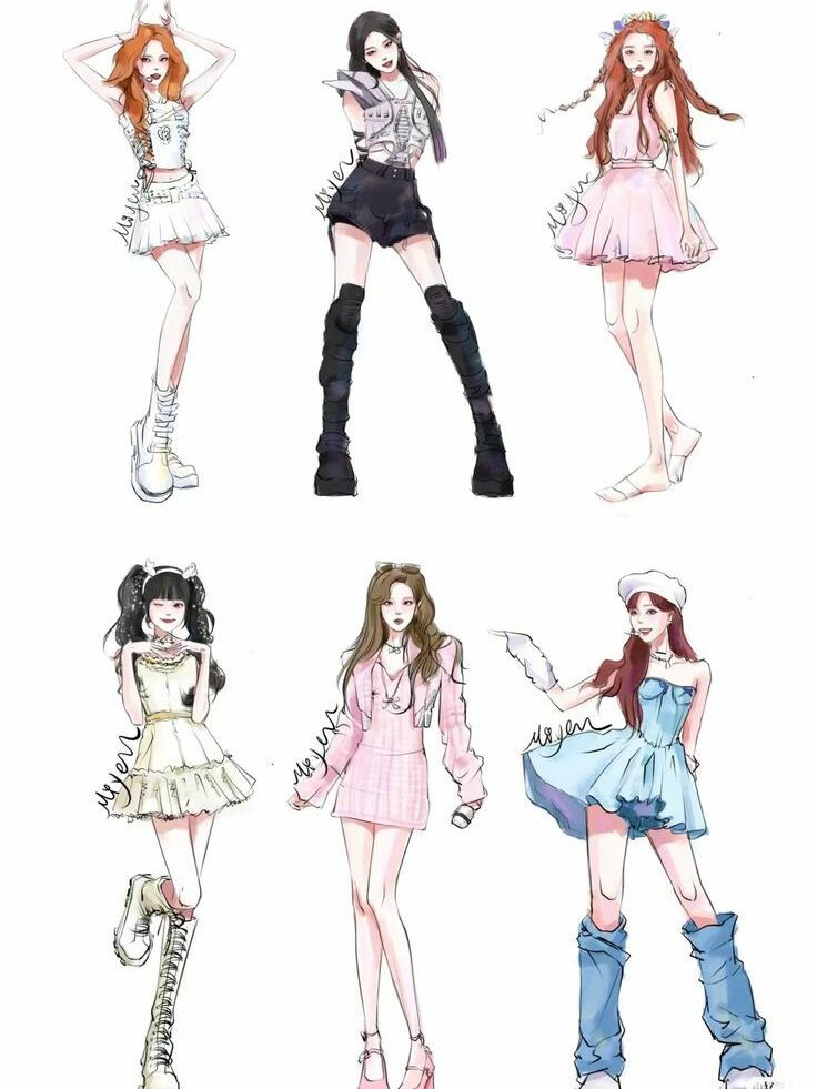 name all kpop idol ❤️😘💕 Stylish fashion illustrations of six women in diverse outfits and poses, showcasing unique design elements. | Sky Rye Design Stylish fashion illustrations of six women in diverse outfits and poses, showcasing unique design elements.
