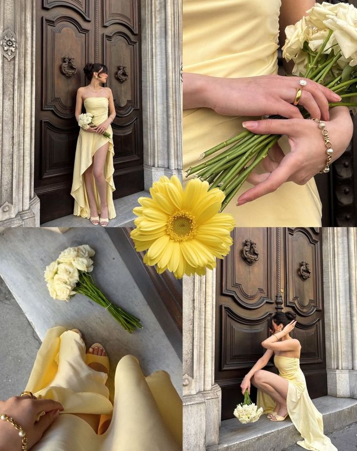 notessie Woman in elegant yellow dress with flowers, posing by ornate wooden door. Fashion and floral elegance. | Sky Rye Design Woman in elegant yellow dress with flowers, posing by ornate wooden door. Fashion and floral elegance.