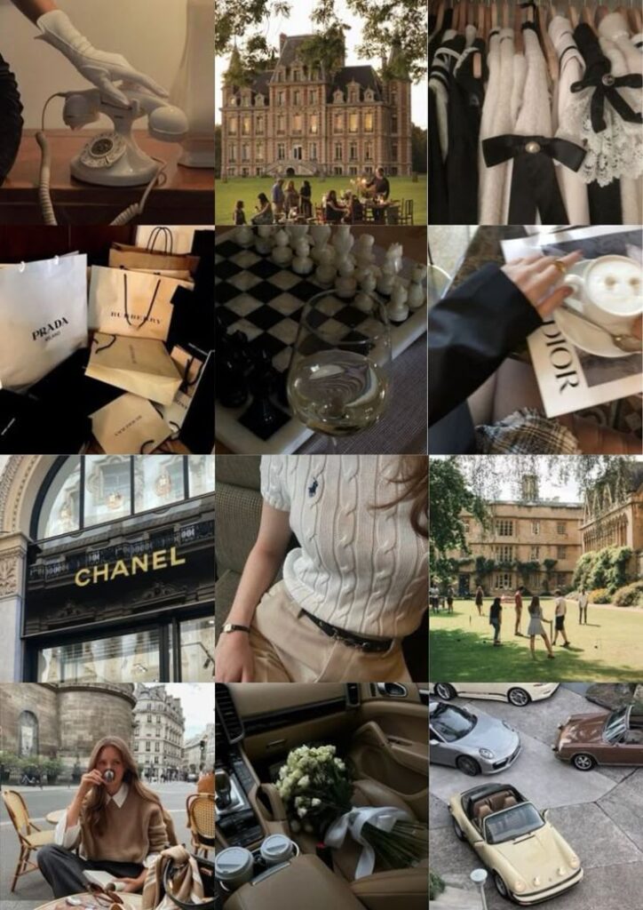 Luxurious lifestyle collage featuring fashion, architecture, and leisure activities in an elegant setting.