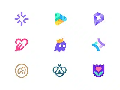Nine colorful abstract icons on a white background, featuring shapes like gems, hearts, and geometric figures.